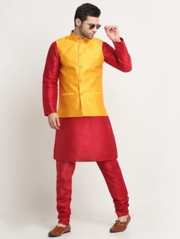 Kraft India - Men Silk Blend Maroon Kurta and Churidar with Yellow Nehru Jacket (Set of 3)