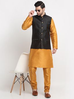 Kraft India - Men Silk Blend Mustard Kurta and Churidar with Black Nehru Jacket (Set of 3)