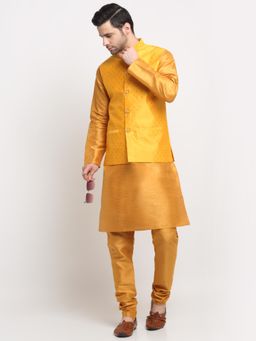 Kraft India - Men Silk Blend Mustard Kurta and Churidar with Yellow Nehru Jacket (Set of 3)