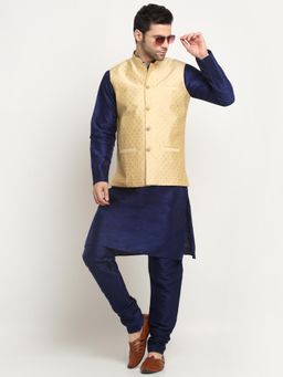 Kraft India - Men Silk Blend Navy Blue Kurta and Churidar with Beige Nehru Jacket (Set of 3)
