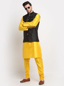 Kraft India - Men Silk Blend Yellow Kurta and Churidar with Black Nehru Jacket (Set of 3)