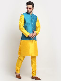 Kraft India - Men Silk Blend Yellow Kurta and Churidar with Blue Nehru Jacket (Set of 3)