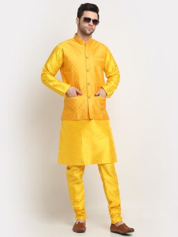 Kraft India - Men Silk Blend Yellow Kurta and Churidar with Yellow Nehru Jacket (Set of 3)