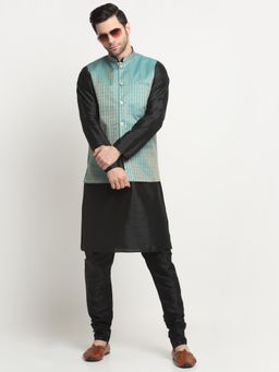 Kraft India - Men Silk Back Kurta and Churidar with Blue Ethnic Motifs Nehru Jacket (Set of 3)