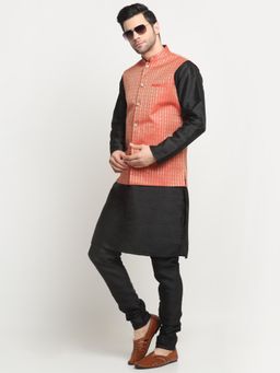 Kraft India - Men Silk Back Kurta and Churidar with Red Ethnic Motifs Nehru Jacket (Set of 3)