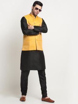 Kraft India - Men Silk Back Kurta and Churidar with Yellow Ethnic Motifs Nehru Jacket (Set of 3)