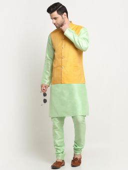 Kraft India - Men Silk Sea Green Kurta Churidar with Yellow Ethnic Motifs Nehru Jacket (Set of 3)