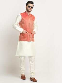 Kraft India - Men Silk Cream Kurta and Churidar with Red Ethnic Motifs Nehru Jacket (Set of 3)