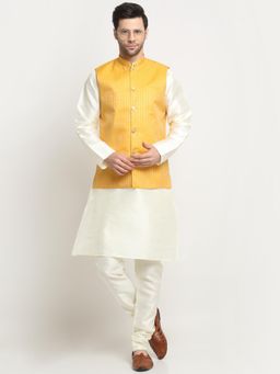 Kraft India - Men Silk Cream Kurta and Churidar with Yellow Ethnic Motifs Nehru Jacket (Set of 3)