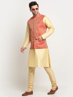 Kraft India - Men Silk Beige Kurta and Churidar with Red Ethnic Motifs Nehru Jacket (Set of 3)