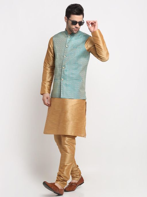Kraft India Men Silk Gold-Toned Kurta Churidar with Blue Ethnic Motifs Nehru Jacket (Set of 3)
