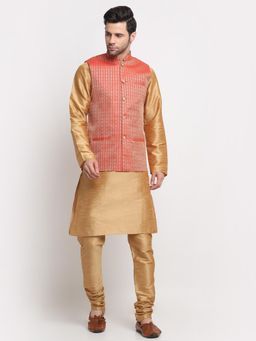 Kraft India - Men Silk Gold-Toned Kurta Churidar with Red Ethnic Motifs Nehru Jacket (Set of 3)