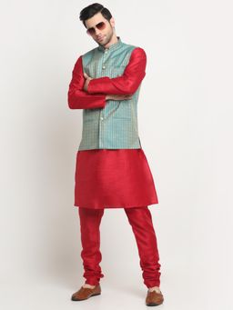 Kraft India - Men Silk Maroon Kurta and Churidar with Blue Ethnic Motifs Nehru Jacket (Set of 3)