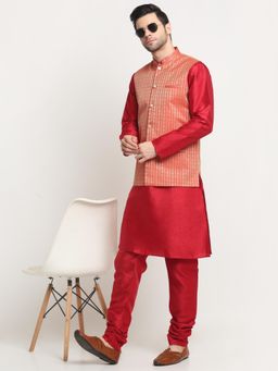 Kraft India - Men Silk Maroon Kurta and Churidar with Red Ethnic Motifs Nehru Jacket (Set of 3)