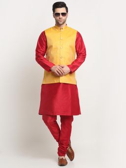 Kraft India - Men Silk Maroon Kurta Churidar with Yellow Ethnic Motifs Nehru Jacket (Set of 3)
