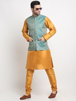 Kraft India - Men Silk Mustard Kurta and Churidar with Blue Ethnic Motifs Nehru Jacket (Set of 3)