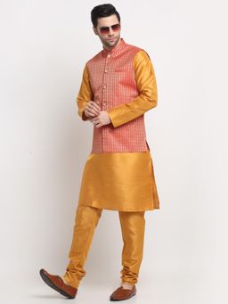 Kraft India - Men Silk Mustard Kurta and Churidar with Red Ethnic Motifs Nehru Jacket (Set of 3)