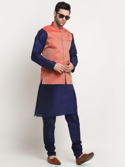 Kraft India - Men Silk Navy Blue Kurta Churidar with Red Ethnic Motifs Nehru Jacket (Set of 3)