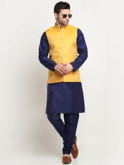 Kraft India - Men Silk Navy Blue Kurta Churidar with Yellow Ethnic Motifs Nehru Jacket (Set of 3)