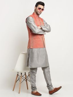 Kraft India - Men Silk Silver-Toned Kurta Churidar with Red Ethnic Motifs Nehru Jacket (Set of 3)
