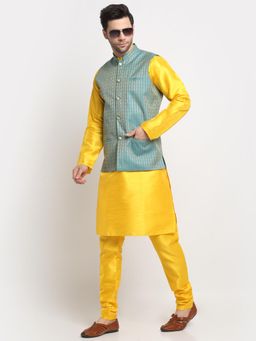 Kraft India - Men Silk Yellow Kurta and Churidar with Blue Ethnic Motifs Nehru Jacket (Set of 3)