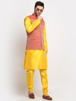 Kraft India - Men Silk Yellow Kurta and Churidar with Red Ethnic Motifs Nehru Jacket (Set of 3)