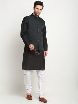 Kraft India - Men Cotton Black Kurta and Churidar with Green Nehru Jacket (Set of 3)
