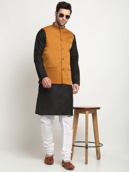 Kraft India - Men Cotton Black Kurta and Churidar with Mustard Nehru Jacket (Set of 3)