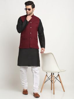 Kraft India - Men Cotton Black Kurta and Churidar with Maroon Nehru Jacket (Set of 3)