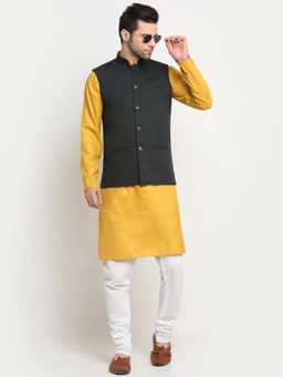 Kraft India - Men Cotton Mustard Kurta and Churidar with Green Nehru Jacket (Set of 3)