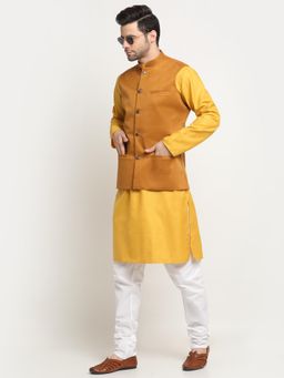 Kraft India - Men Cotton Mustard Kurta and Churidar with Mustard Nehru Jacket (Set of 3)