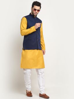 Kraft India - Men Cotton Mustard Kurta and Churidar with Navy Blue Nehru Jacket (Set of 3)