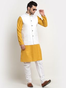 Kraft India - Men Cotton Mustard Kurta and Churidar with White Nehru Jacket (Set of 3)
