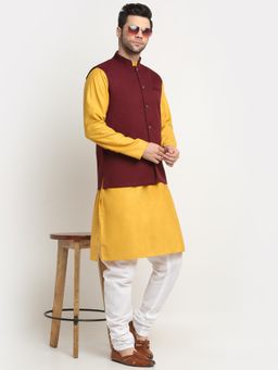 Kraft India - Men Cotton Mustard Kurta and Churidar with Maroon Nehru Jacket (Set of 3)