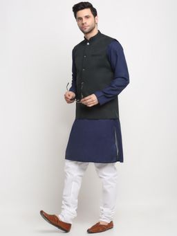 Kraft India - Men Cotton Navy Blue Kurta and Churidar with Green Nehru Jacket (Set of 3)
