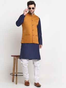 Kraft India - Men Cotton Navy Blue Kurta and Churidar with Mustard Nehru Jacket (Set of 3)