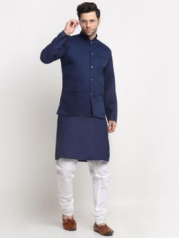 Kraft India - Men Cotton Navy Blue Kurta and Churidar with Navy Blue Nehru Jacket (Set of 3)