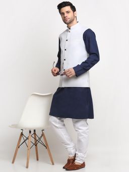 Kraft India - Men Cotton Navy Blue Kurta and Churidar with White Nehru Jacket (Set of 3)