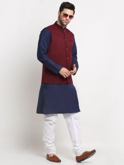 Kraft India - Men Cotton Navy Blue Kurta and Churidar with Maroon Nehru Jacket (Set of 3)