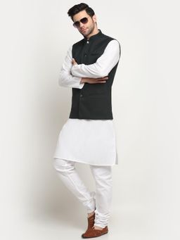 Kraft India - Men Cotton White Kurta and Churidar with Green Nehru Jacket (Set of 3)