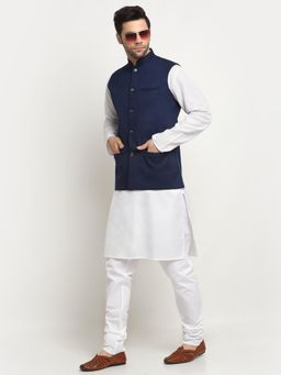Kraft India - Men Cotton White Kurta and Churidar with Navy Blue Nehru Jacket (Set of 3)