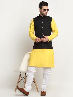 Kraft India - Men Cotton Yellow Kurta and Churidar with Black Nehru Jacket (Set of 3)
