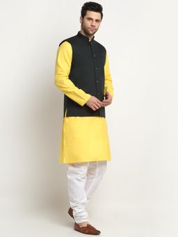 Kraft India - Men Cotton Yellow Kurta and Churidar with Green Nehru Jacket (Set of 3)
