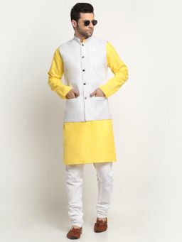 Kraft India - Men Cotton Yellow Kurta and Churidar with White Nehru Jacket (Set of 3)