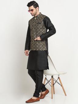 Kraft India - Men Silk Black Kurta and Churidar with Black Embroidered Nehru Jacket (Set of 3)