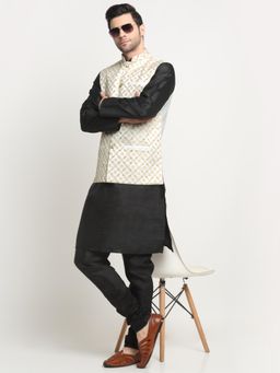 Kraft India - Men Silk Black Kurta and Churidar with Cream Embroidered Nehru Jacket (Set of 3)