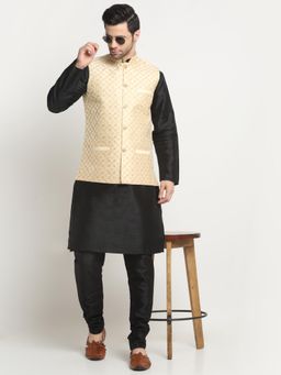 Kraft India - Men Silk Black Kurta and Churidar with Beige Embroidered Nehru Jacket (Set of 3)