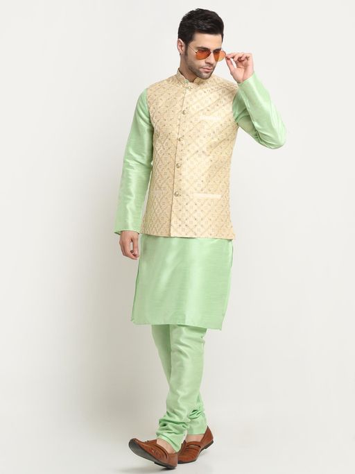 Kraft India Men Silk Sea Green Kurta Churidar with Beige Embroidered Nehru Jacket (Set of 3)