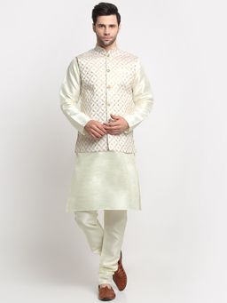 Kraft India - Men Silk Cream Kurta and Churidar with Cream Embroidered Nehru Jacket (Set of 3)