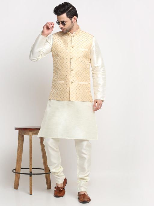 Kraft India Men Silk Cream Kurta and Churidar with Beige Embroidered Nehru Jacket (Set of 3)